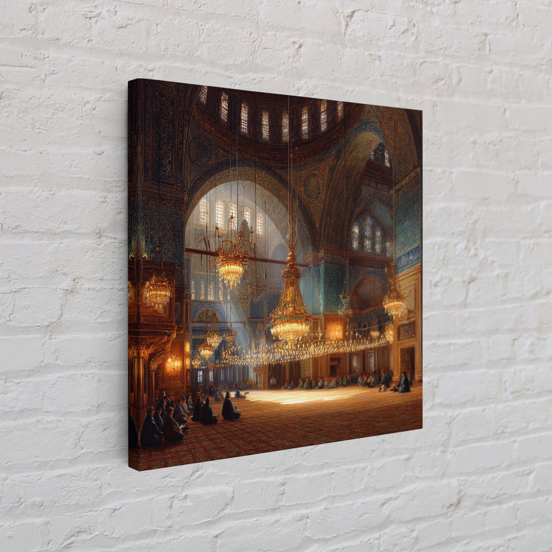 Ornate Mosque Interior With Chandeliers Wall Art, Islamic Architecture Framed Canvas Print, Prayer Room Decor, Luxury Wall Decor