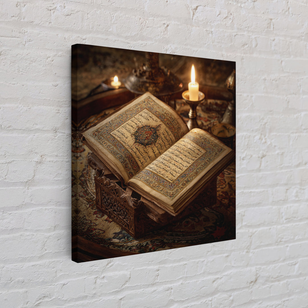 Illuminated Quran Manuscript With Candlelight Framed Canvas Print, Islamic Calligraphy Wall Art, Prayer Room Decor Gift Idea