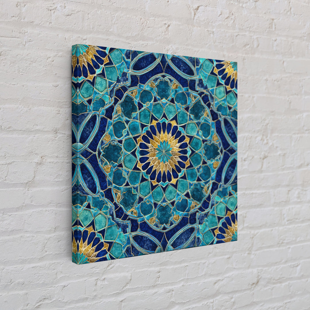 Teal Islamic Geometric Tile Wall Art, Moroccan Mosaic Pattern, Blue Gold Boho Decor, Mediterranean Canvas Print, Kitchen Decor