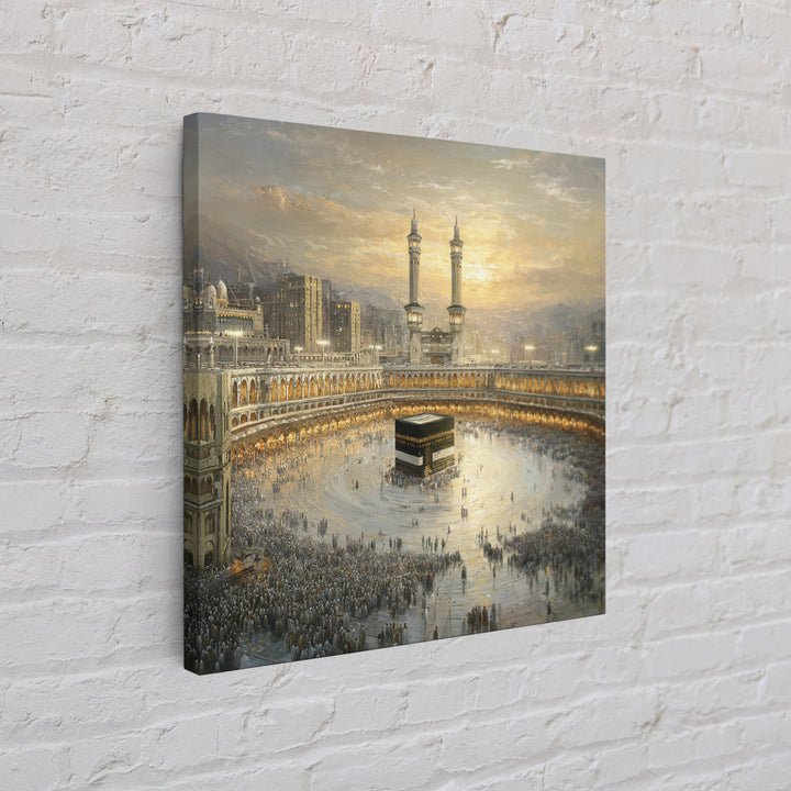 Golden Mecca Kaaba Pilgrimage Canvas Print, Islamic Wall Art, Masjid Al Haram Decor, Spiritual Muslim Gift For Home And Prayer Room