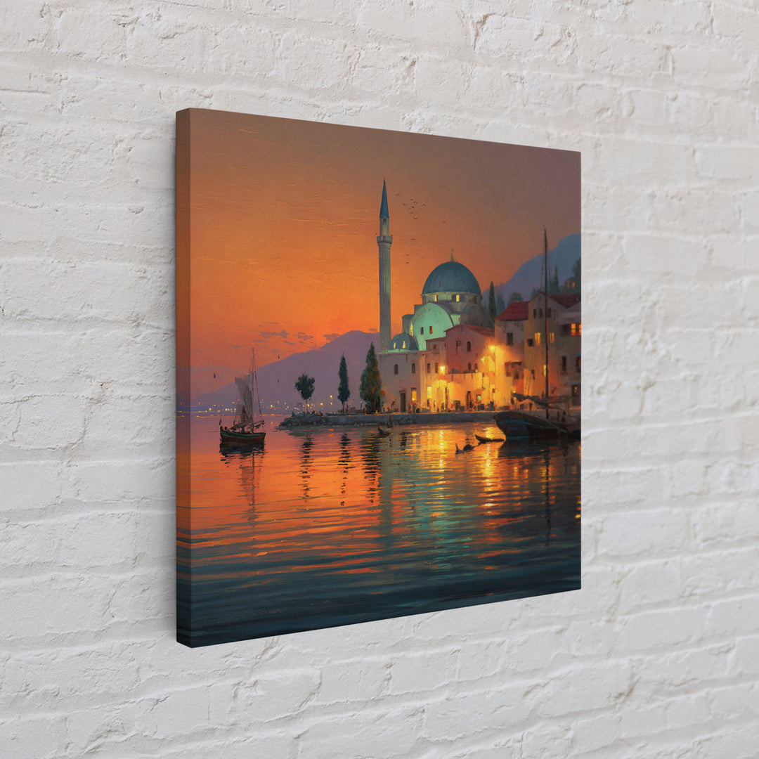 Waterfront Mosque At Orange Sunset Canvas Print, Islamic Architecture Art, Coastal Wall Decor, Travel Poster For Living Room