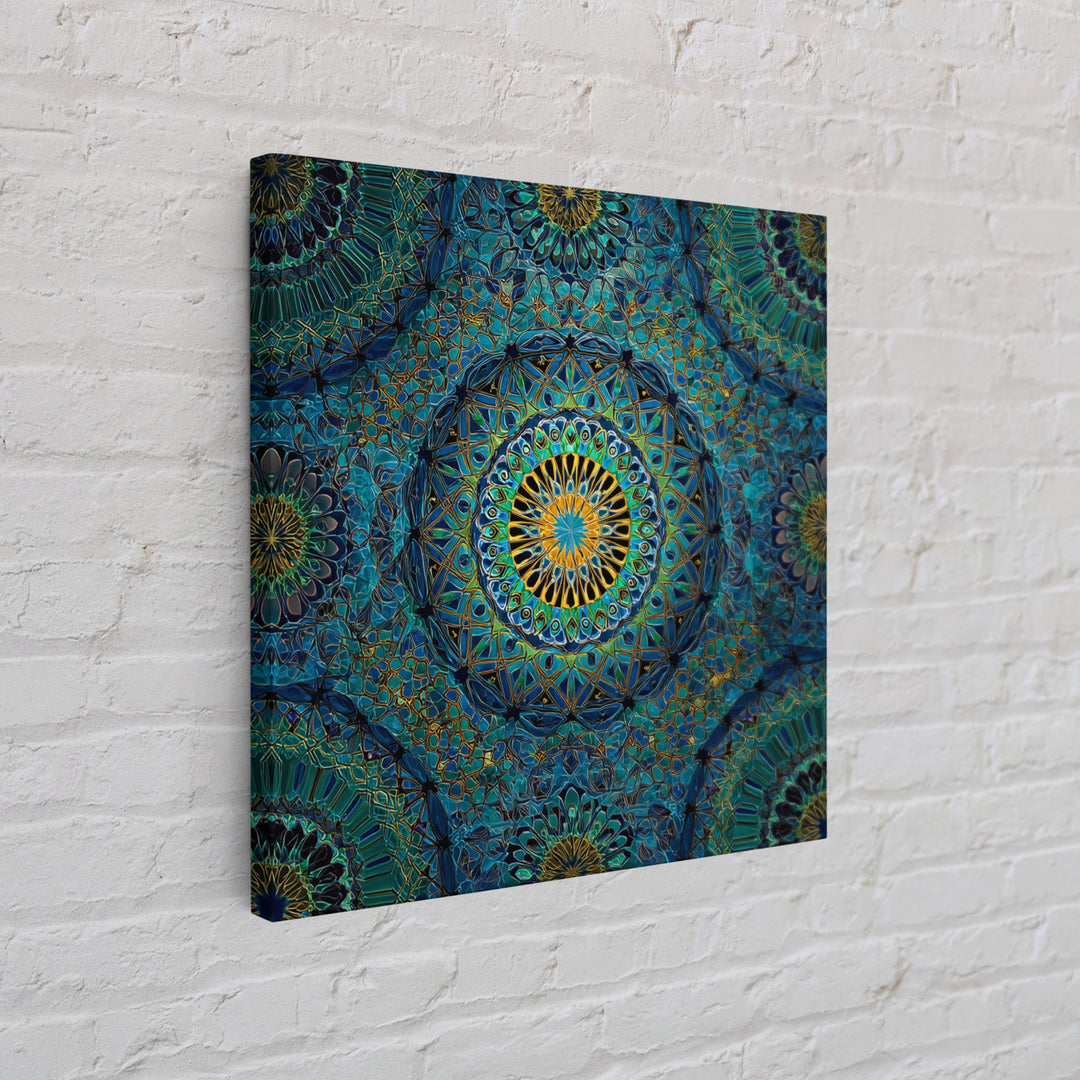 Teal Gold Geometric Mandala Wall Art, Sacred Geometry Abstract Print, Boho Spiritual Decor, Modern Meditation Room Art Gift