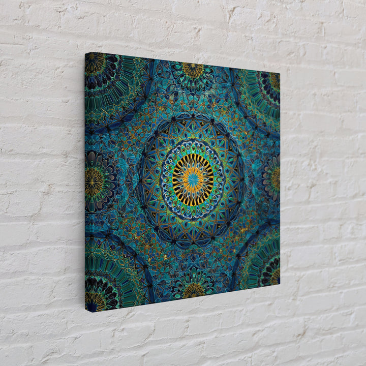 Teal Gold Geometric Mandala Wall Art, Sacred Geometry Abstract Print, Boho Spiritual Decor, Modern Meditation Room Art Gift