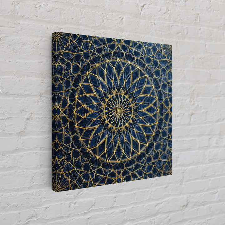 Blue Gold Geometric Mandala Canvas Print, Islamic Pattern Wall Art, Moroccan Abstract Decor For Meditation Room And Office