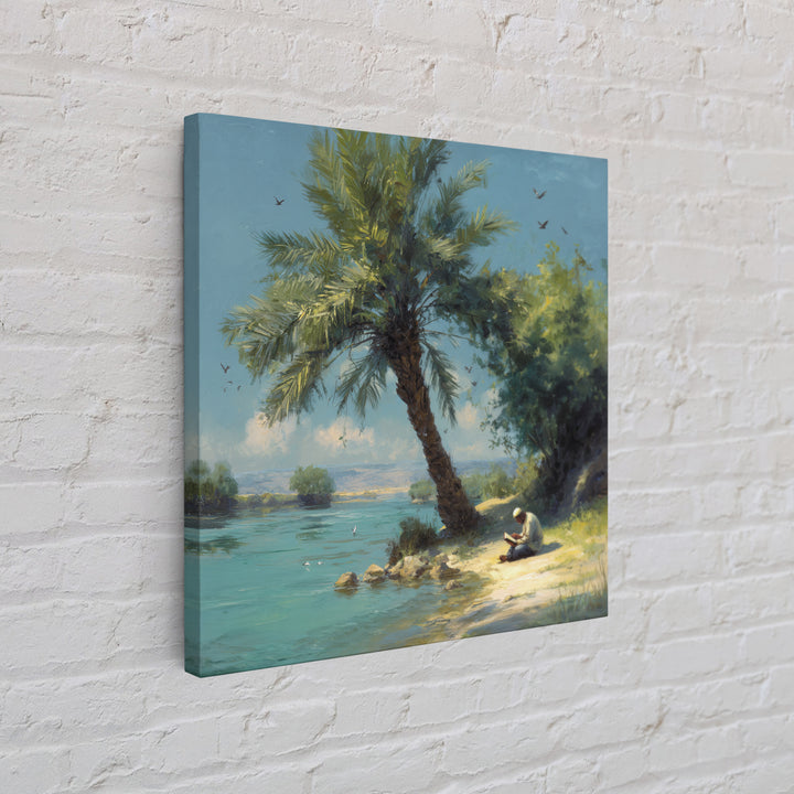 Leaning Palm By Blue Lagoon Wall Art, Tropical Coastal Landscape Painting, Serene Nature Decor, Mediterranean Canvas Print