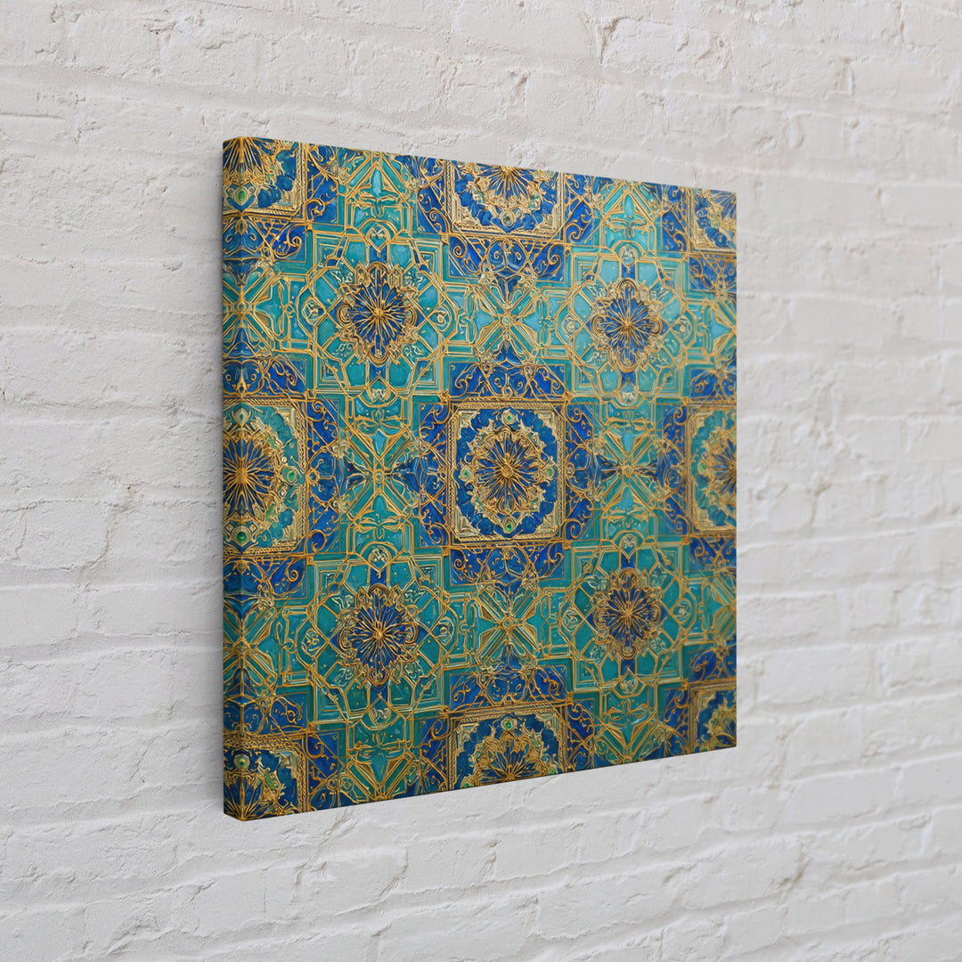 Blue And Gold Islamic Geometric Tile Wall Art, Moroccan Pattern Canvas Print For Elegant Home Decor And Meditation Room Decor