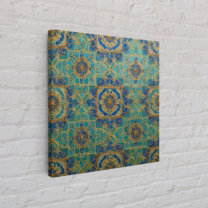 Blue And Gold Islamic Geometric Tile Wall Art, Moroccan Pattern Canvas Print For Elegant Home Decor And Meditation Room Decor