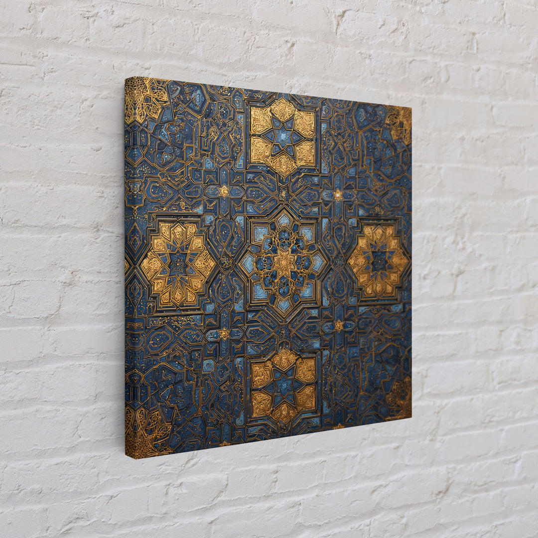 Blue Gold Islamic Geometric Tile Canvas Print, Moroccan Wall Art, Arabic Pattern Decor For Prayer Room And Modern Home Decor
