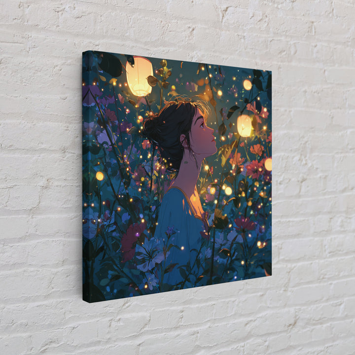 Lantern Lit Girl In Enchanted Flower Garden Wall Art, Whimsical Fairycore Decor, Fantasy Floral Print For Bedroom Living Room Decor