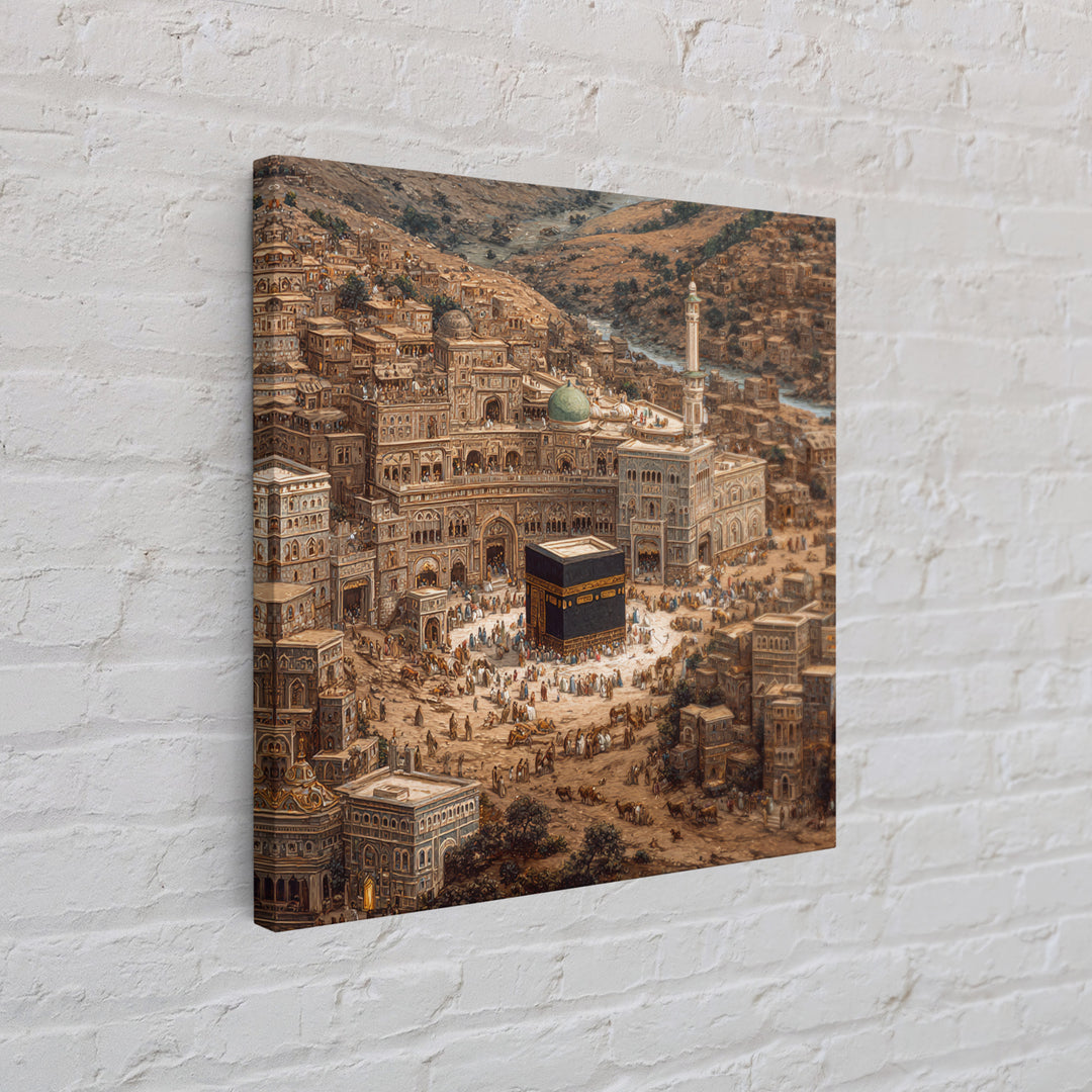 Kaaba In Ancient Mecca City Canvas Print, Islamic Architecture Wall Art, Hajj Prayer Room Decor Housewarming Gift For Muslim Home