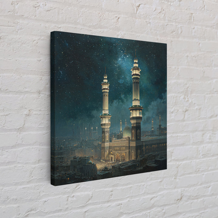 Starry Night Mosque Minarets Framed Canvas Print, Islamic Wall Art, Celestial Arabic Home Decor For Prayer Room And Eid Gift