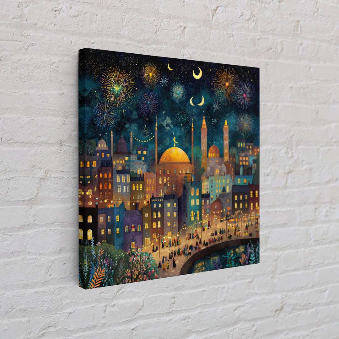 Crescent Moon City Fireworks Wall Art, Whimsical Islamic Canvas Print, Ramadan Decor, Celestial Nursery Art Gift For Kids Room Decor