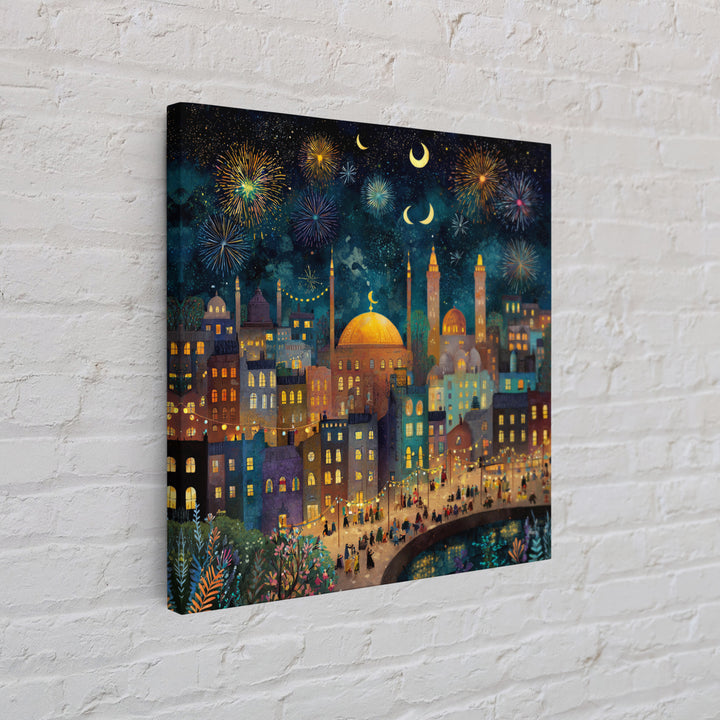Crescent Moon City Fireworks Wall Art, Whimsical Islamic Canvas Print, Ramadan Decor, Celestial Nursery Art Gift For Kids Room Decor