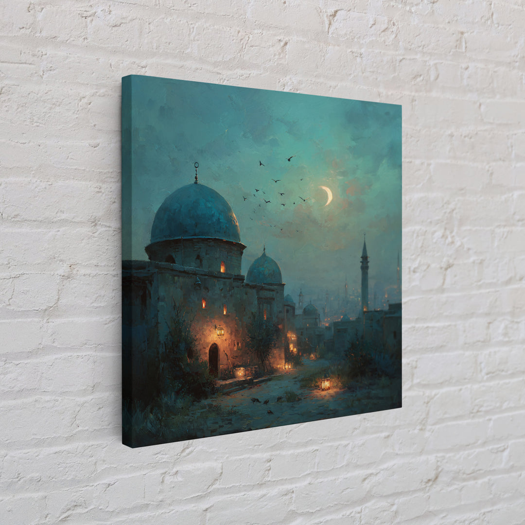 Moonlit Desert Dome Wall Art, Crescent Moon Islamic Architecture Painting, Moroccan Decor, Teal Blue Canvas Print, Ramadan Gift