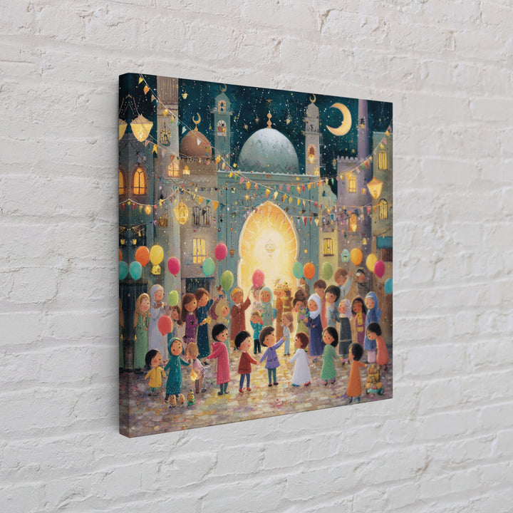 Whimsical Eid Festival Mosque Wall Art, Children With Balloons Islamic Decor, Ramadan Celebration Nursery Art Print Gift