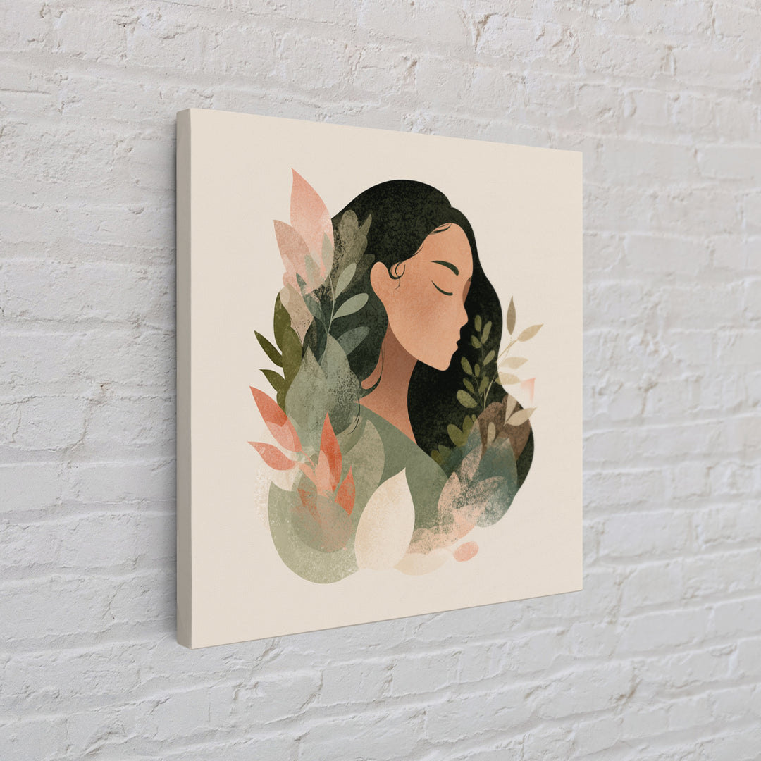 Serene Botanical Woman Portrait Canvas Print, Neutral Boho Wall Decor, Minimalist Art Print For Bedroom Living Room Home Decor