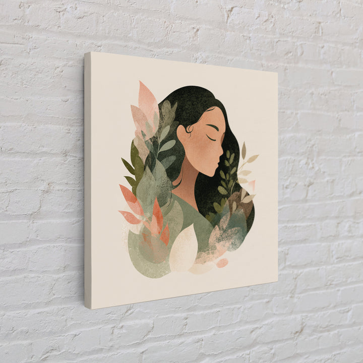 Serene Botanical Woman Portrait Canvas Print, Neutral Boho Wall Decor, Minimalist Art Print For Bedroom Living Room Home Decor