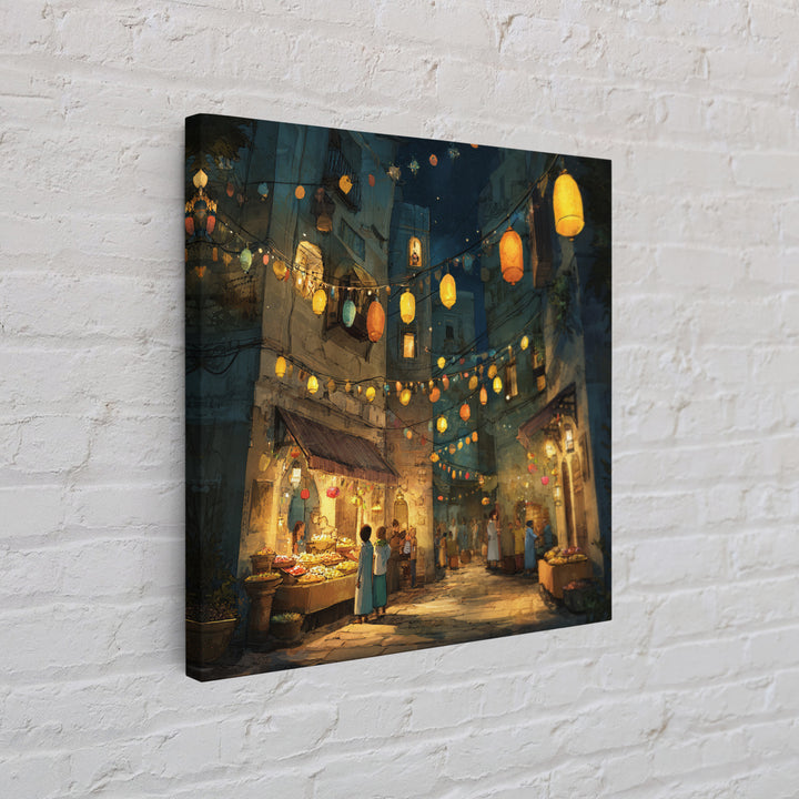 Glowing Lantern Night Market Alley With Food Stalls Wall Art, Moroccan Decor, Mediterranean Travel Poster, Kitchen Wall Art