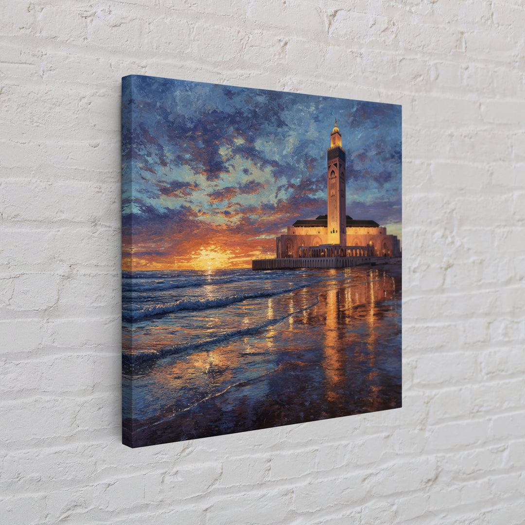Sunset Mosque On Moroccan Coast Canvas Print, Islamic Wall Art, Ocean Seascape, Morocco Travel Poster, Coastal Home Decor