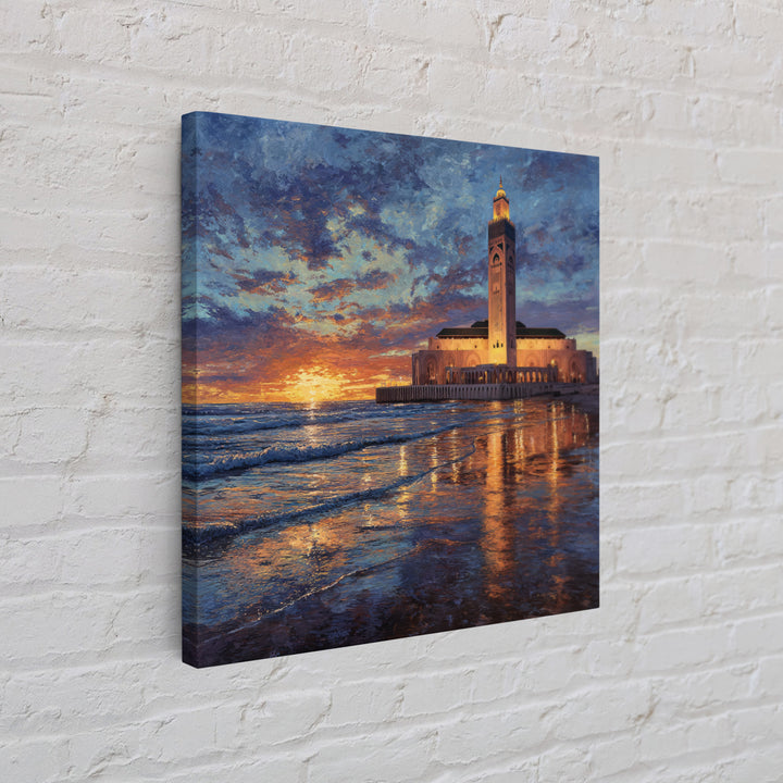 Sunset Mosque On Moroccan Coast Canvas Print, Islamic Wall Art, Ocean Seascape, Morocco Travel Poster, Coastal Home Decor