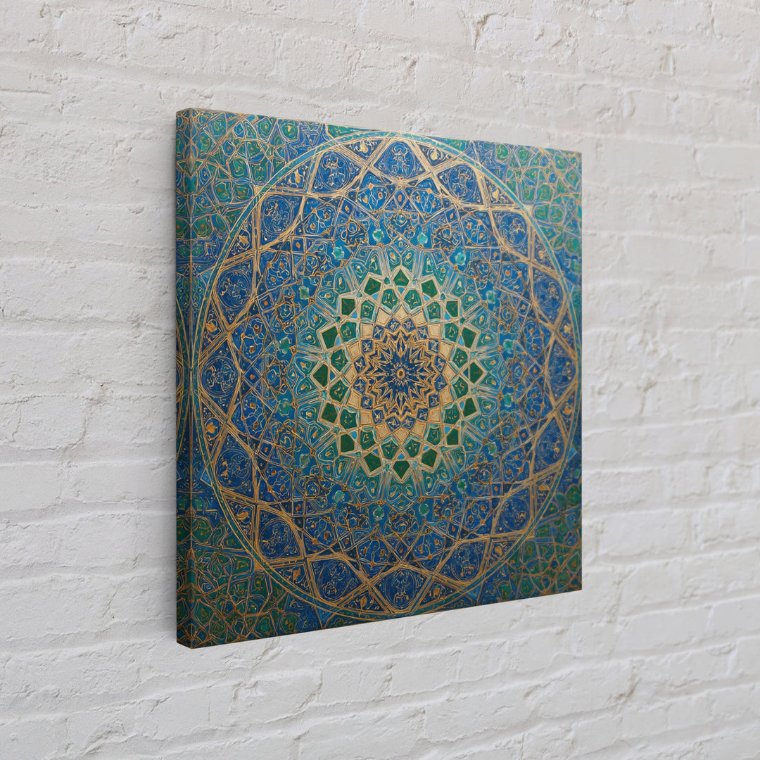 Blue Gold Islamic Geometric Mandala Wall Art, Moroccan Mosaic Canvas Print, Arabic Decor Gift For Prayer Room