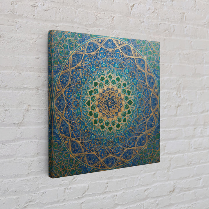 Blue Gold Islamic Geometric Mandala Wall Art, Moroccan Mosaic Canvas Print, Arabic Decor Gift For Prayer Room