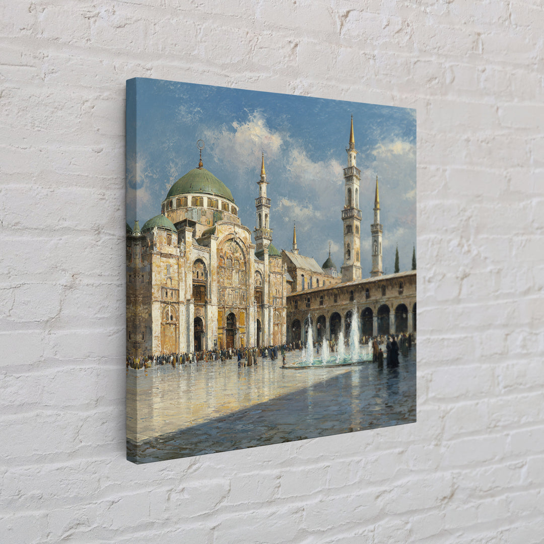 Grand Mosque Courtyard Framed Canvas Print, Islamic Architecture Wall Art, Impressionist Travel Poster, Elegant Office Decor