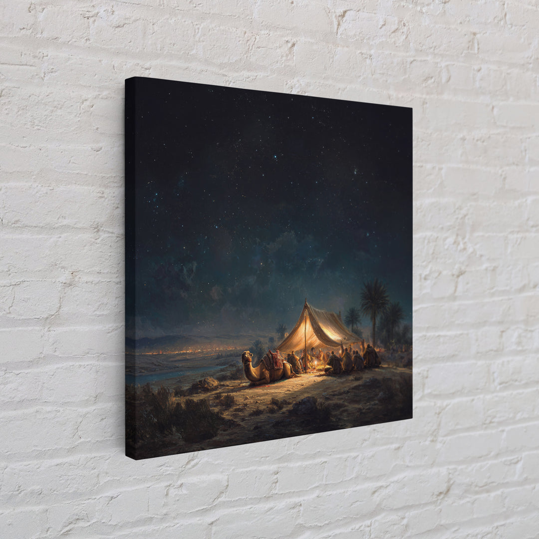 Starlit Desert Camp Canvas Print, Camel Caravan Landscape Art, Celestial Night Sky Wall Decor, Boho Travel Poster Gift For Him