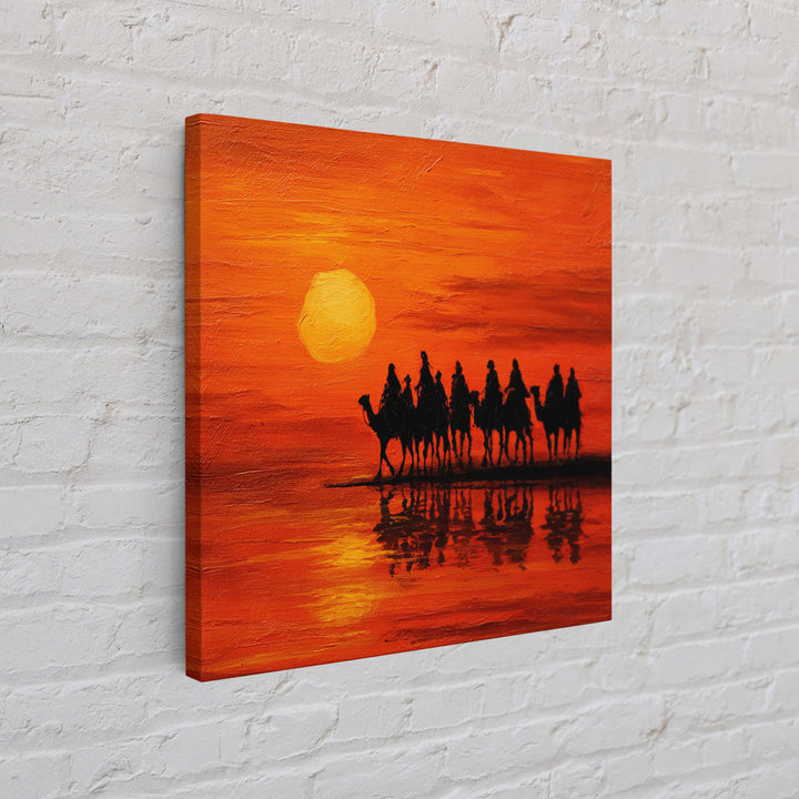 Camel Caravan At Orange Desert Sunset Wall Art, Moroccan Travel Canvas Print, Sahara Landscape Decor, Boho Housewarming Gift