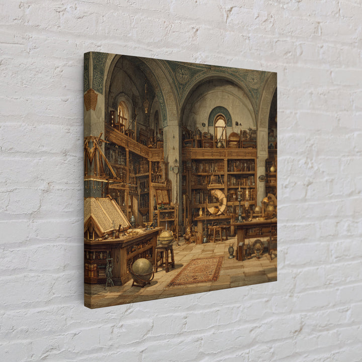 Antique Scholar Library With Globes And Manuscripts Framed Canvas Print, Dark Academia Wall Art, Office Decor, Book Lover Gift