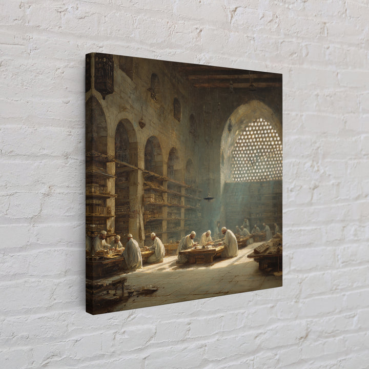 Sunlit Ancient Library Scholars Wall Art, Islamic Architecture Canvas, Dark Academia Decor, Historical Fine Art Print Gift