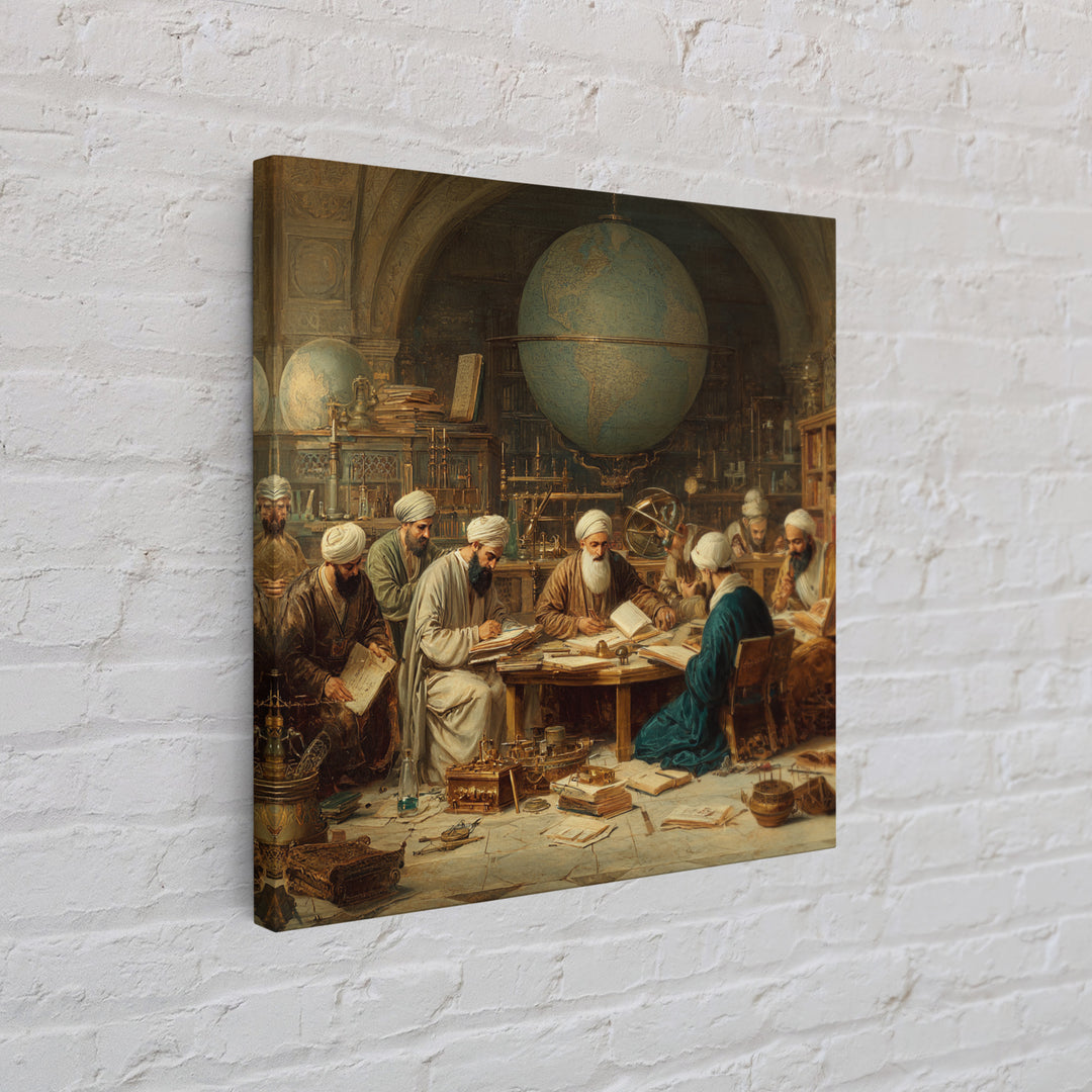 Ancient Scholars With Globe Wall Art, Islamic Golden Age Study Framed Canvas Print, Historical Library Office Decor Gift