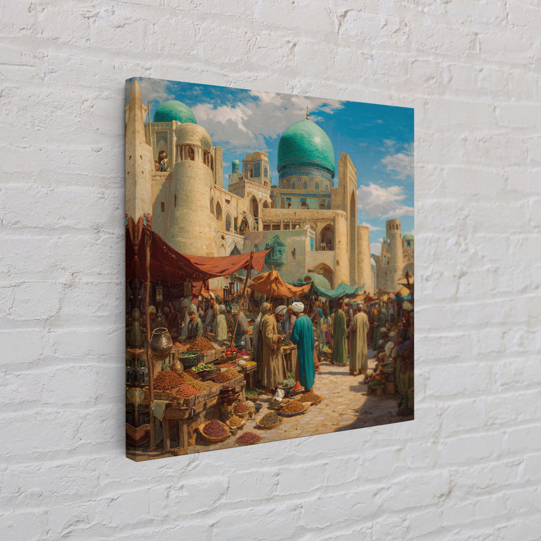 Turquoise Dome Bazaar Wall Art, Silk Road Market Painting, Islamic Architecture Decor, Moroccan Style Travel Art Print, Canvas Print