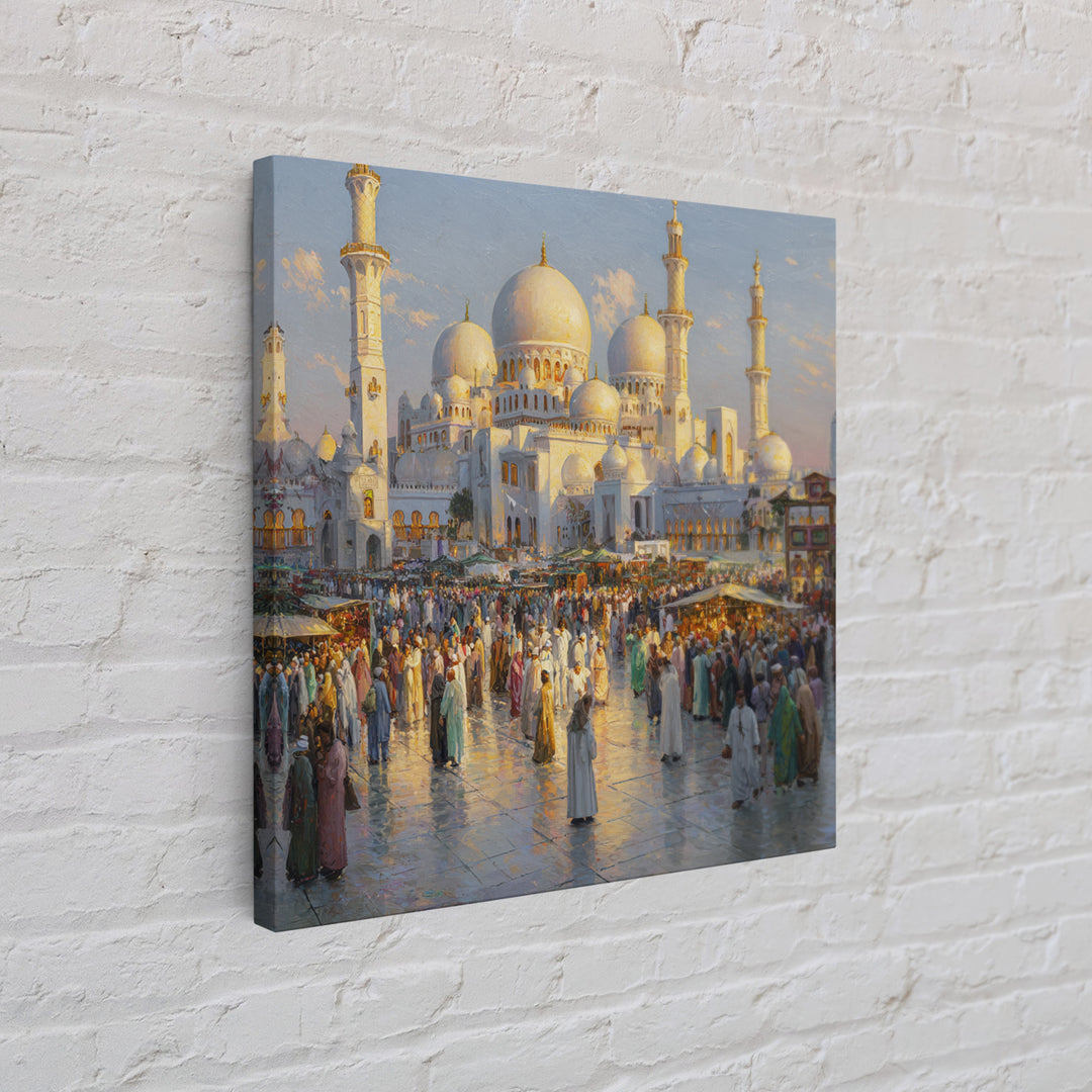 Grand White Mosque And Market Crowd Wall Art, Islamic Architecture Print, Middle Eastern Decor, Travel Gift For Living Room