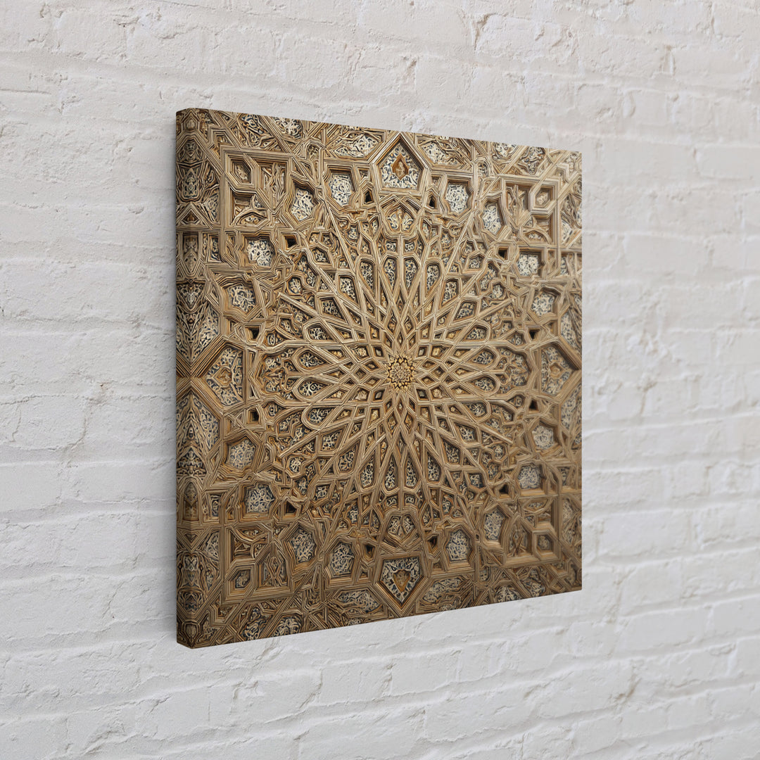 Ornate Islamic Geometric Star Ceiling Wall Art, Moroccan Pattern Framed Canvas Print, Gold Mandala Home Decor For Living Room