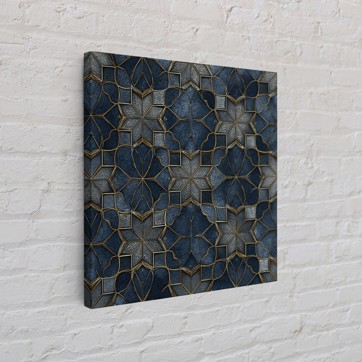 Blue Gold Geometric Tile Pattern Wall Art, Moroccan Art Deco Canvas Print, Luxury Modern Abstract Home Decor Gift For Her