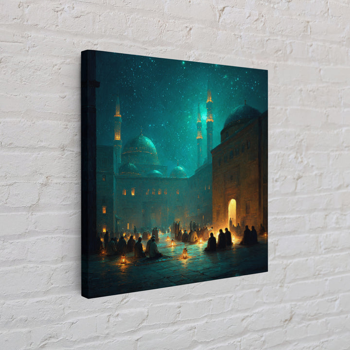 Teal Lantern Prayer Courtyard Wall Art, Islamic Framed Canvas Print, Ramadan Decor, Spiritual Wall Art, Moody Mosque Scene