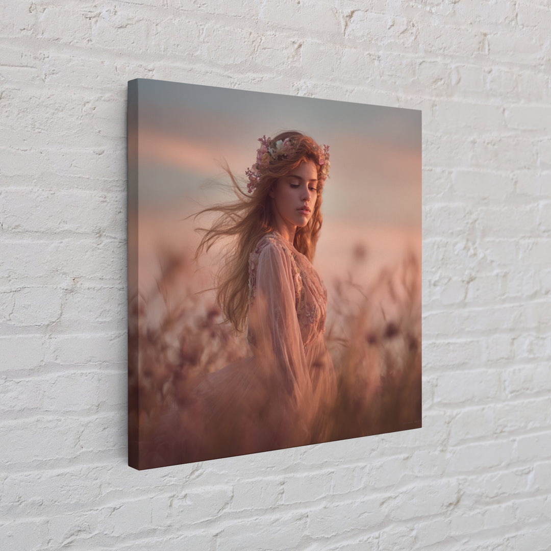 Ethereal Woman In Wildflower Meadow Canvas Print, Romantic Feminine Wall Art, Soft Pastel Bedroom Decor Living Room Gift For Her
