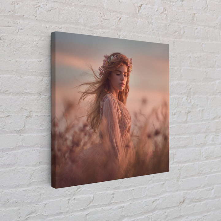 Ethereal Woman In Wildflower Meadow Canvas Print, Romantic Feminine Wall Art, Soft Pastel Bedroom Decor Living Room Gift For Her