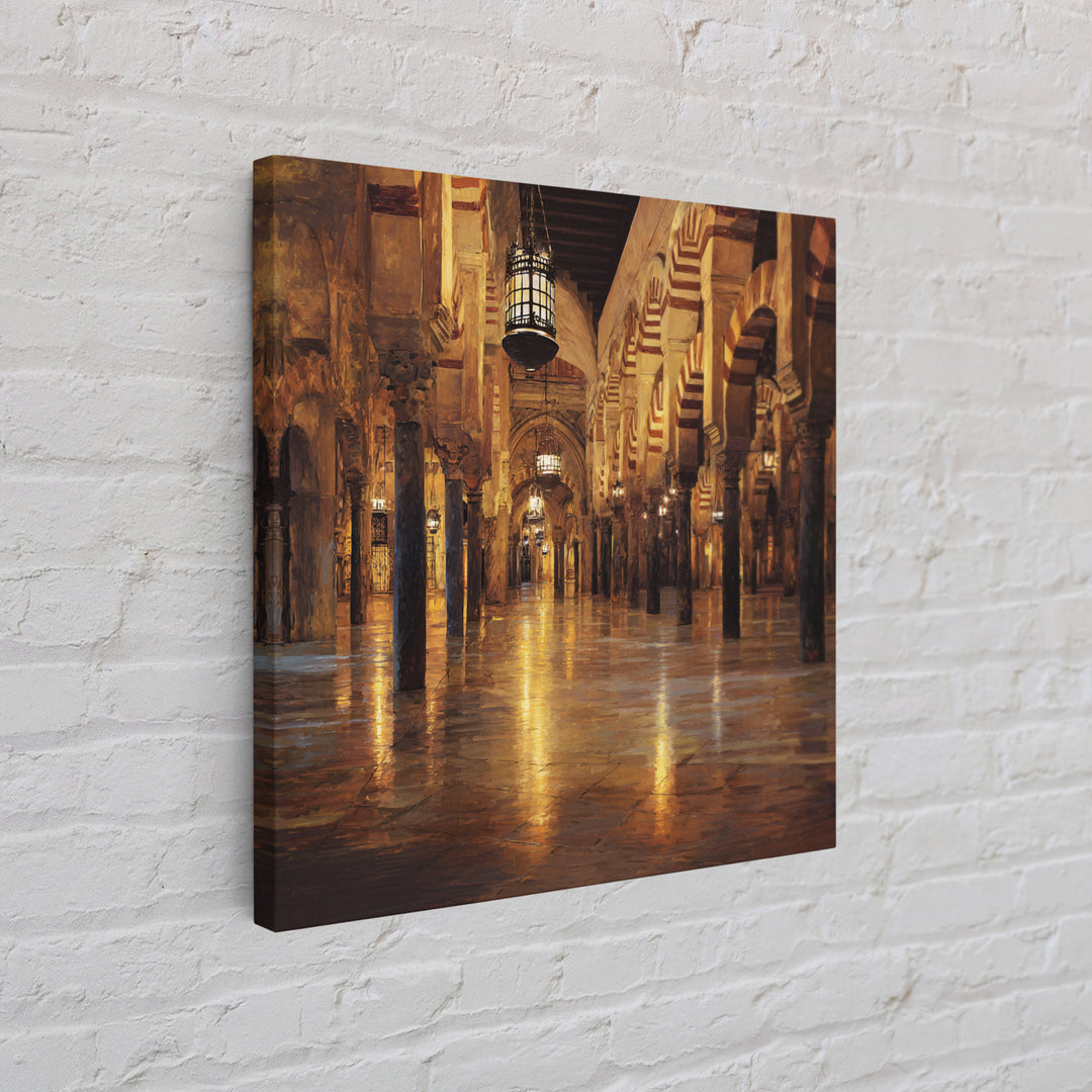 Golden Mosque Corridor Wall Art, Islamic Architecture Print, Moroccan Home Decor, Warm Lantern Canvas For Living Room Decor