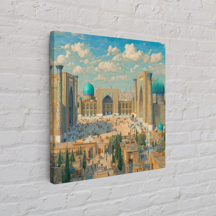 Sunlit Samarkand Mosque Courtyard Wall Art, Islamic Architecture Travel Poster, Blue Tile Decor, Asian Framed Canvas Print
