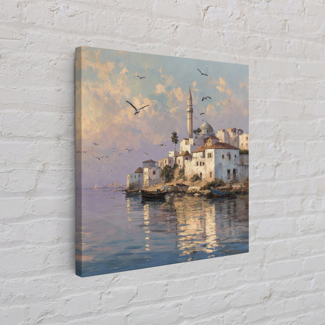 Sunlit Coastal Mosque Village Canvas Print, Mediterranean Seaside Landscape Art, Travel Poster, Coastal Wall Decor For Home