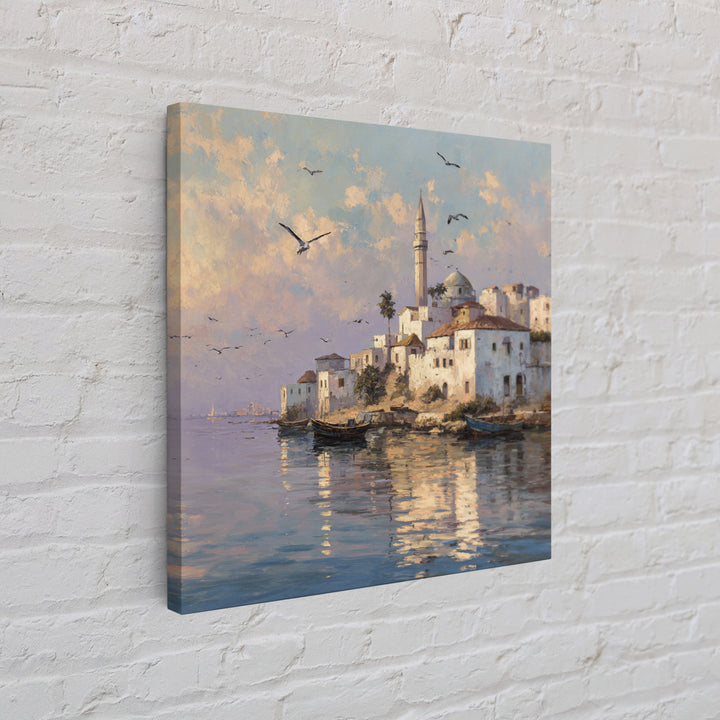 Sunlit Coastal Mosque Village Canvas Print, Mediterranean Seaside Landscape Art, Travel Poster, Coastal Wall Decor For Home