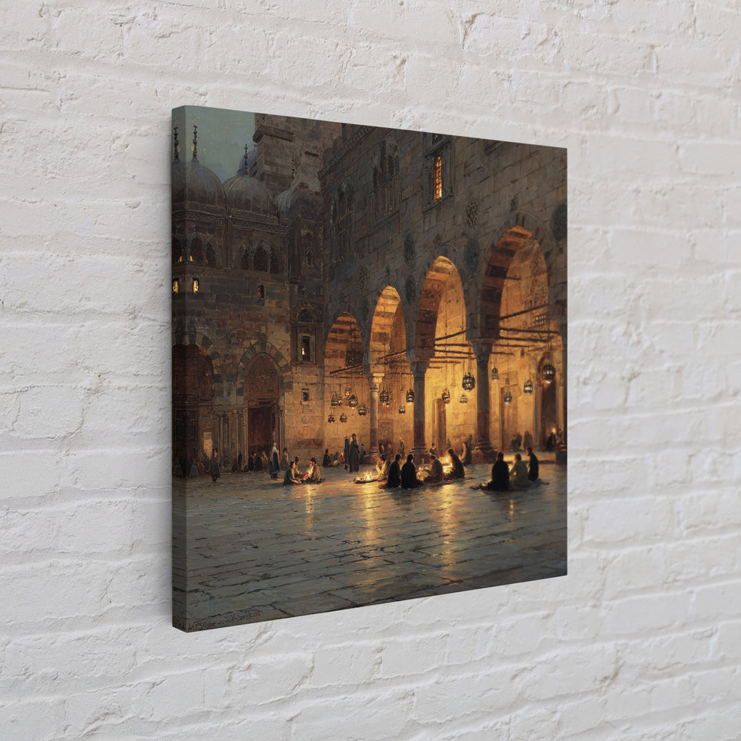Lantern Lit Islamic Courtyard At Night Wall Art, Jerusalem Mosque Painting, Arabic Architecture, Prayer Room Decor Gift Print