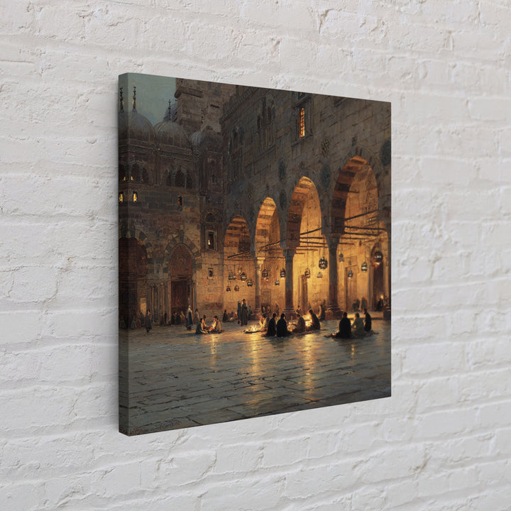 Lantern Lit Islamic Courtyard At Night Wall Art, Jerusalem Mosque Painting, Arabic Architecture, Prayer Room Decor Gift Print