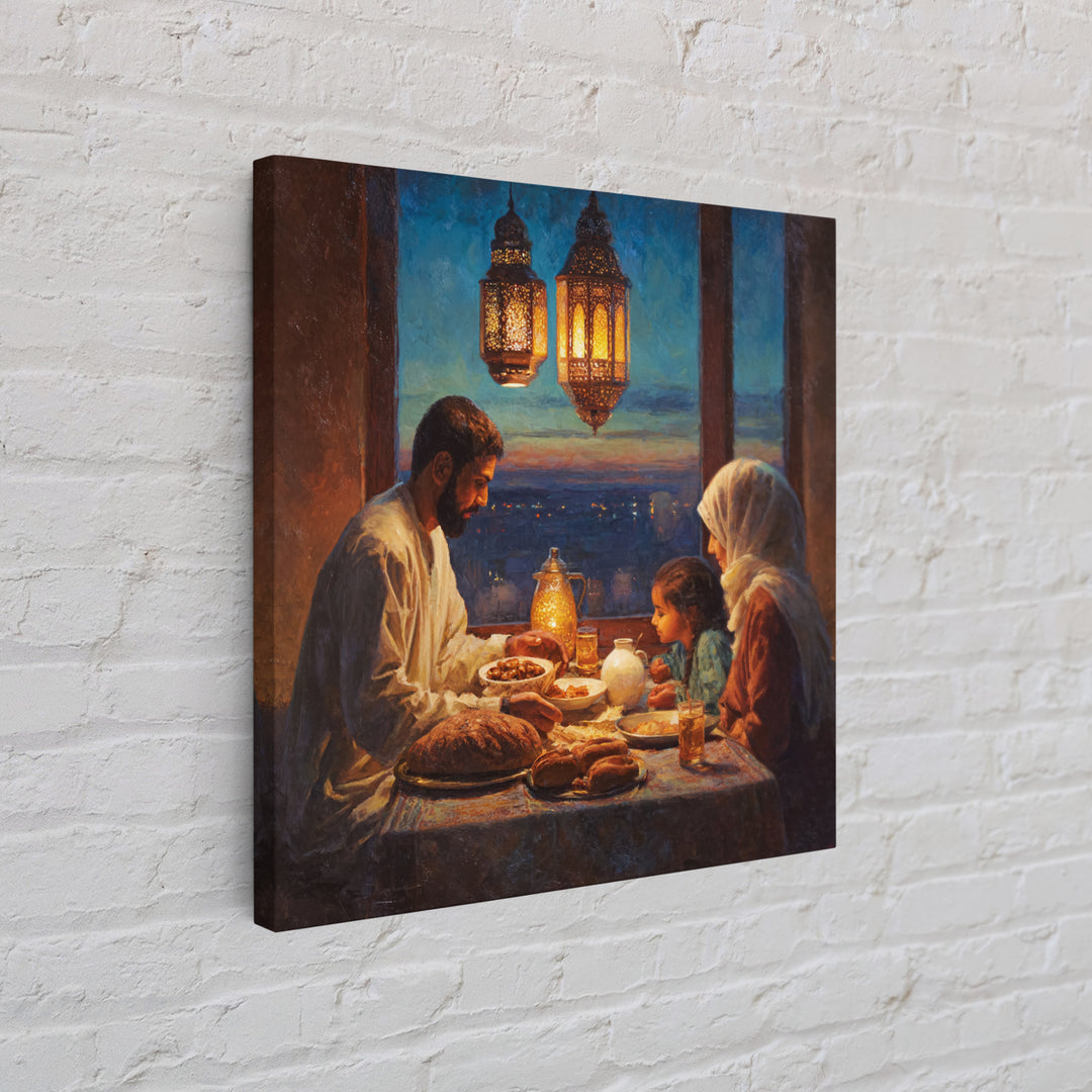 Ramadan Family Iftar By Lanterns Framed Canvas Print, Islamic Home Decor, Warm Dining Room Wall Art, Muslim Gift, Ramadan Eid Decor