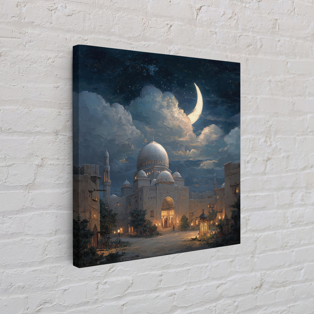 Crescent Moon Mosque Framed Canvas Print, Islamic Architecture Wall Decor, Ramadan Eid Art, Serene Night Sky Home Decor Gift