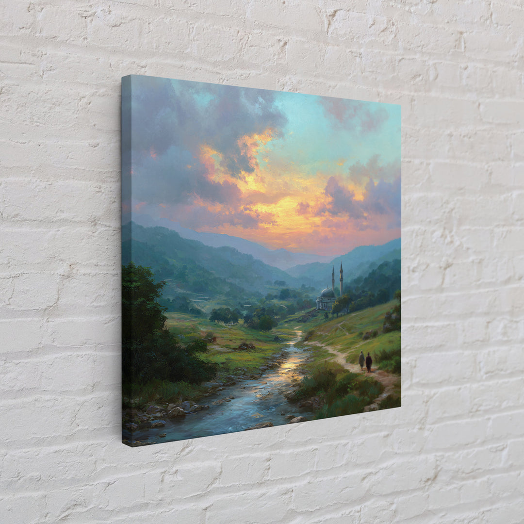 Sunset Valley Mosque And River Landscape Wall Art, Islamic Home Decor, Serene Nature Print, Peaceful Living Room Decor, Housewarming Gift