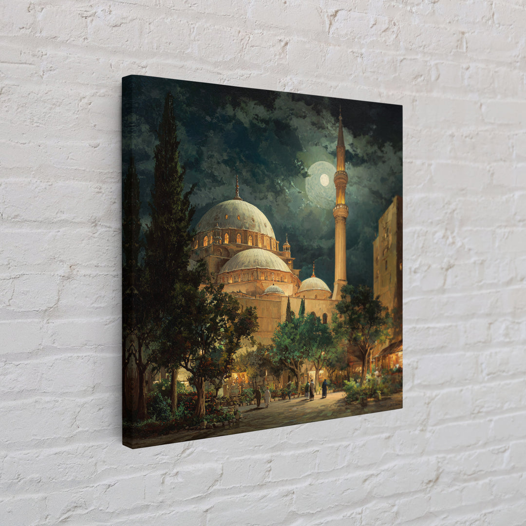 Moonlit Mosque Courtyard At Night Wall Art, Islamic Architecture Canvas Print, Ramadan Decor, Prayer Room Poster For Home Decor