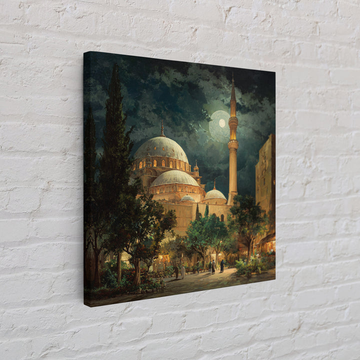 Moonlit Mosque Courtyard At Night Wall Art, Islamic Architecture Canvas Print, Ramadan Decor, Prayer Room Poster For Home Decor